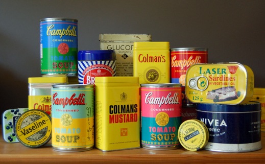 A selection of retro packing featuring Andy Warhol inspired artwork on Campbell's Tomato soup cans